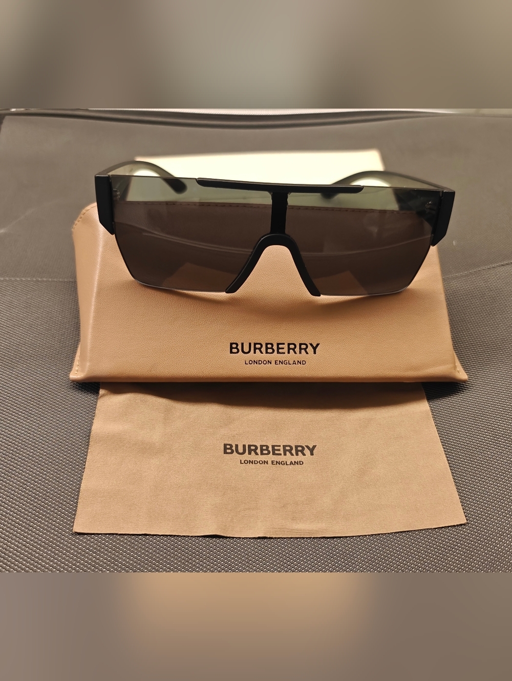 Burberry B4291 Black Shield Sunglasses with Dark Smoke Lenses